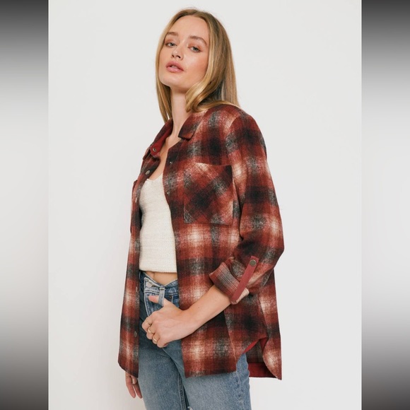 Plaid Shacket Shirt Jacket With Pockets Burgundy Size S - Picture 5 of 8